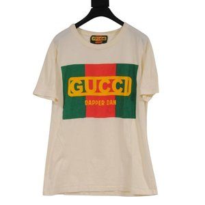 Gucci Men Dapper Dan Logo T Shirt Medium Cream White Green Cotton Short Sleeve